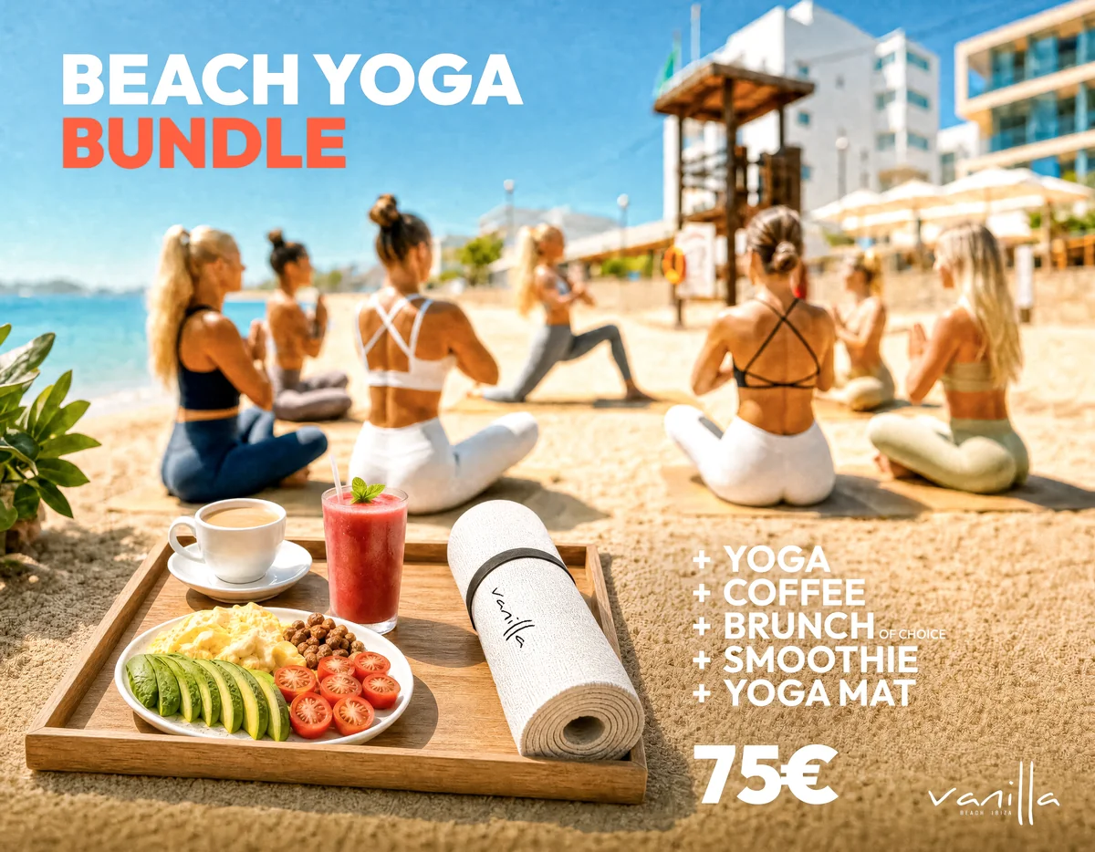 Beach Yoga Bundle – Vanilla Beach Ibiza Beach Yoga Bundle package: yoga, coffee, brunch of choice, smoothie and yoga mat at Vanilla Beach Ibiza