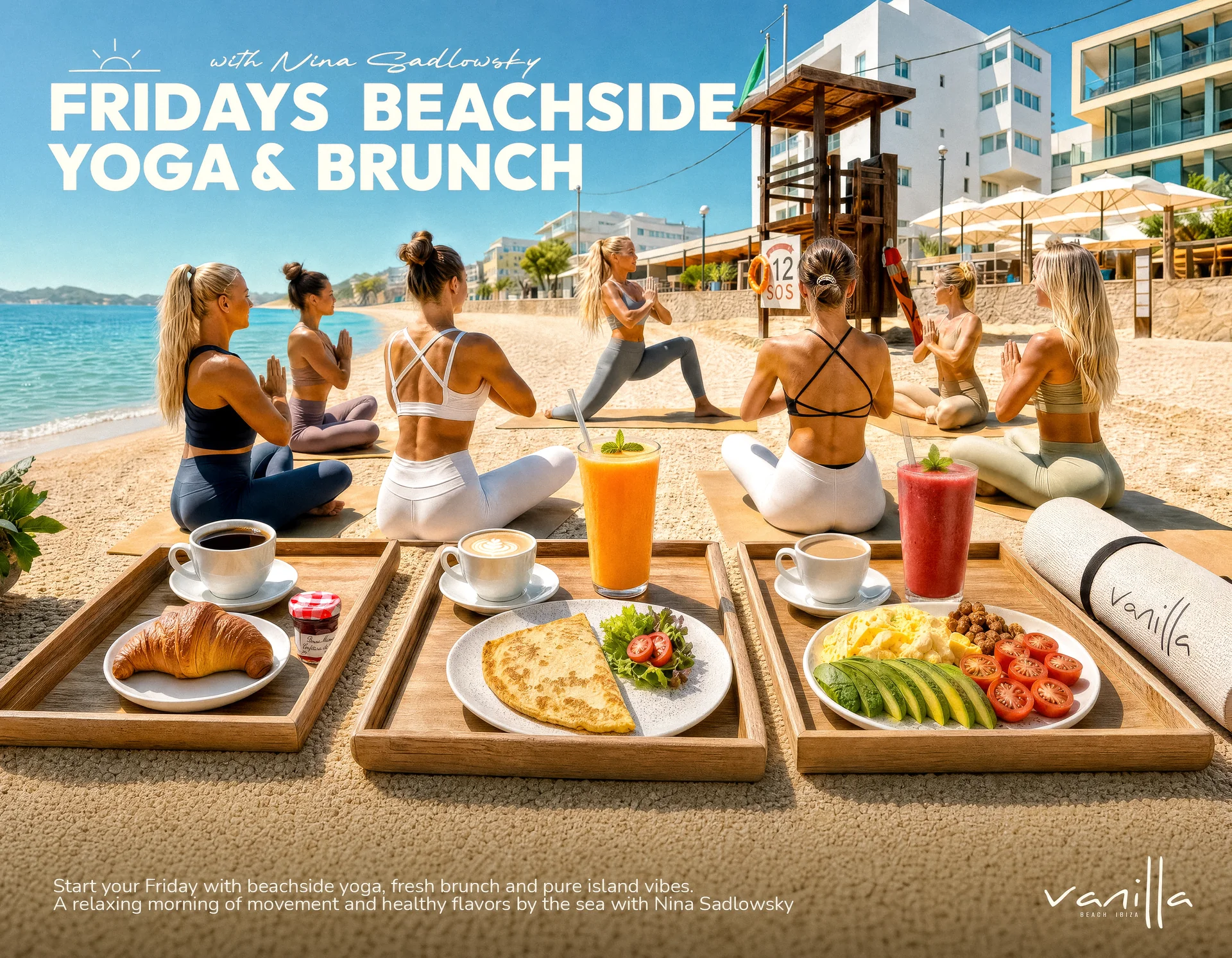 Fridays Beach Yoga & Brunch – Vanilla Beach Ibiza Fridays Beach Yoga & Brunch with Nina Sadlowsky at Vanilla Beach Ibiza